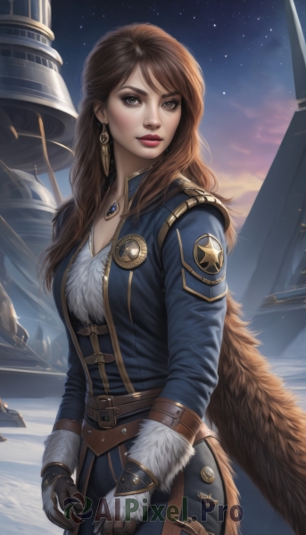 1girl,solo,long hair,breasts,looking at viewer,blue eyes,brown hair,gloves,long sleeves,cleavage,brown eyes,jewelry,standing,cowboy shot,earrings,outdoors,sky,belt,pants,artist name,signature,necklace,lips,coat,fur trim,makeup,night,watermark,lipstick,star (sky),night sky,brown gloves,starry sky,nose,red lips,leather,ship,leather gloves,bangs,medium breasts,jacket,parted lips,open clothes,black gloves,blue jacket,pendant,realistic,emblem