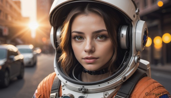 1girl,solo,looking at viewer,smile,brown hair,gloves,brown eyes,closed mouth,upper body,solo focus,choker,medium hair,blurry,lips,depth of field,blurry background,helmet,ground vehicle,portrait,motor vehicle,lens flare,freckles,science fiction,realistic,nose,car,spacesuit,space helmet,astronaut,short hair,outdoors,headphones,sunlight,close-up,forehead,american flag