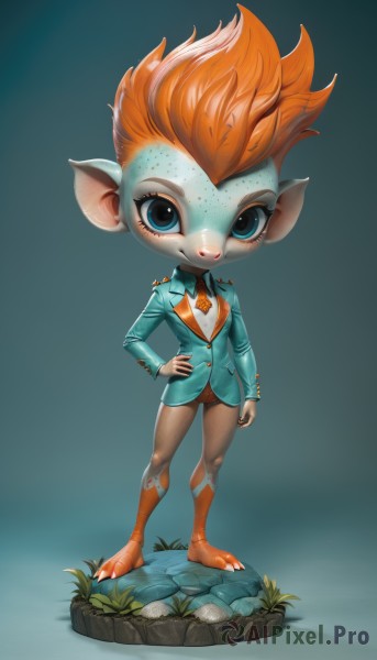 1girl,solo,breasts,looking at viewer,smile,short hair,blue eyes,simple background,long sleeves,standing,jacket,full body,necktie,barefoot,pointy ears,chibi,orange hair,hand on hip,colored skin,formal,suit,grass,monster girl,furry,freckles,rock,furry female,orange necktie,faux figurine,yordle,shirt,animal ears,closed mouth,artist name,gradient,gradient background,eyelashes,buttons,bottomless,blue background,blazer,blue jacket,no pants,green jacket,animal nose,orange fur