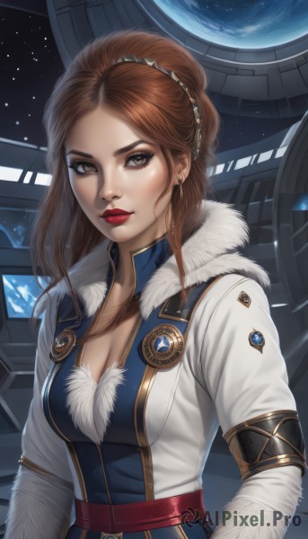 1girl,solo,long hair,breasts,looking at viewer,brown hair,cleavage,brown eyes,jewelry,medium breasts,upper body,earrings,belt,lips,coat,fur trim,makeup,lipstick,eyeshadow,science fiction,nose,red lips,eyeliner,space,planet,earth (planet),long sleeves,closed mouth,jacket,artist name,hair bun,military,star (sky),high collar,realistic,emblem,spacecraft