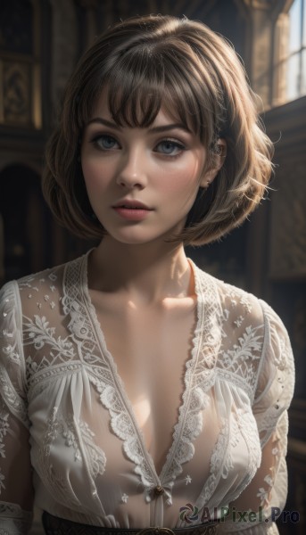 1girl,solo,breasts,looking at viewer,short hair,bangs,blue eyes,brown hair,dress,cleavage,jewelry,medium breasts,closed mouth,collarbone,upper body,earrings,day,belt,artist name,indoors,blurry,covered nipples,lips,see-through,eyelashes,window,no bra,makeup,blurry background,sunlight,freckles,realistic,nose,blush,parted lips,white dress,watermark,lace trim,lace