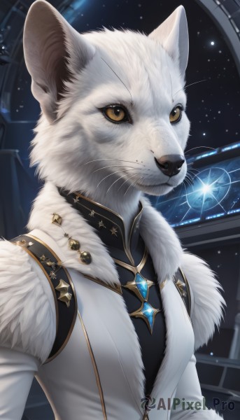 1girl,solo,breasts,looking at viewer,long sleeves,animal ears,brown eyes,jewelry,closed mouth,jacket,yellow eyes,upper body,sky,artist name,signature,vest,fur trim,no humans,animal,white jacket,brooch,gem,star (sky),furry,pendant,starry sky,fur collar,furry female,body fur,white fur,fur,whiskers,blue gemstone,cat ears,necklace,coat,cat,colored sclera,space,animal focus,planet