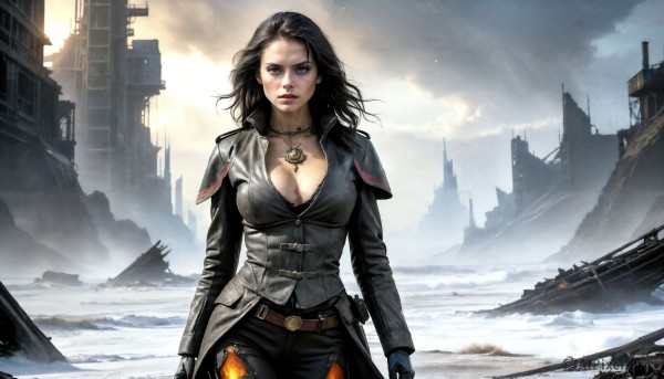 HQ,1girl,solo,long hair,breasts,looking at viewer,blue eyes,large breasts,black hair,gloves,cleavage,jewelry,weapon,cowboy shot,outdoors,sky,belt,pants,cloud,necklace,armor,lips,black pants,cloudy sky,building,snow,pendant,realistic,ruins,medium breasts,choker,science fiction