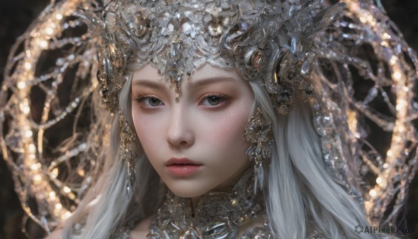 1girl,solo,long hair,looking at viewer,hair ornament,jewelry,closed mouth,white hair,grey hair,parted lips,artist name,blurry,lips,grey eyes,eyelashes,makeup,headgear,lipstick,portrait,freckles,realistic,red lips,expressionless,gem,close-up,headpiece,nose