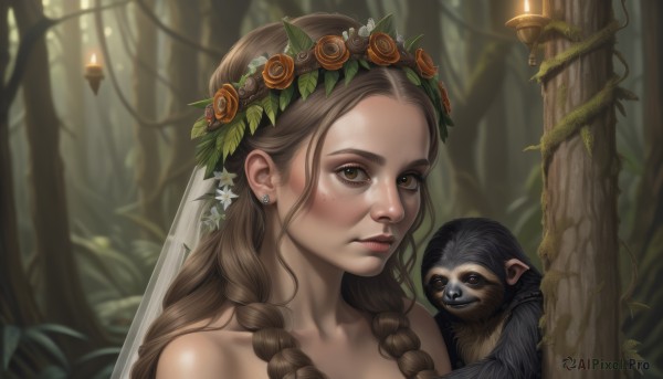 1girl,solo,long hair,looking at viewer,blush,brown hair,hair ornament,bare shoulders,brown eyes,jewelry,braid,flower,earrings,outdoors,hair flower,blurry,twin braids,tree,lips,depth of field,animal,leaf,plant,portrait,nature,veil,hair over shoulder,forest,freckles,realistic,nose,stud earrings,head wreath,vines,owl,monkey,collarbone,blurry background,flower wreath