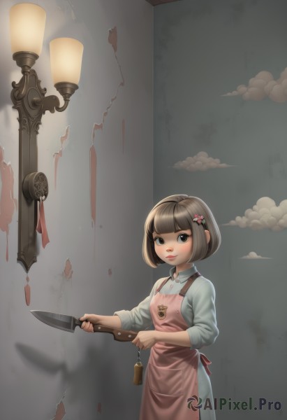 1girl,solo,looking at viewer,blush,short hair,bangs,brown hair,shirt,hair ornament,long sleeves,holding,brown eyes,closed mouth,standing,weapon,flower,cowboy shot,sky,hairclip,collared shirt,cloud,hair flower,blunt bangs,holding weapon,black eyes,apron,lips,shadow,bob cut,cloudy sky,knife,smoke,holding knife,wall,lamppost,pink apron,kitchen knife,smile,bell,blood,child