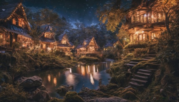 outdoors, sky, water, tree, no humans, window, night, building, star (sky), nature, night sky, scenery, starry sky, lantern, stairs, architecture, house, east asian architecture, waterfall