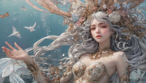 1girl,solo,long hair,breasts,blue eyes,hair ornament,bare shoulders,jewelry,medium breasts,very long hair,upper body,flower,white hair,grey hair,earrings,parted lips,detached sleeves,artist name,hair flower,water,necklace,lips,grey eyes,strapless,floating hair,bird,animal,wavy hair,sunlight,white flower,fish,underwater,fantasy,red lips,dove,looking at viewer,dress,cleavage,sky,choker,day,hand up,bug,crown,realistic