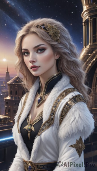 1girl,solo,long hair,breasts,looking at viewer,blue eyes,blonde hair,hair ornament,dress,cleavage,jewelry,medium breasts,upper body,hairband,earrings,outdoors,parted lips,sky,necklace,lips,coat,grey eyes,fur trim,makeup,night,wavy hair,brooch,building,gem,star (sky),night sky,starry sky,gold trim,realistic,nose,white coat,red lips,eyelashes,detached collar,eyeshadow,fur collar,eyeliner