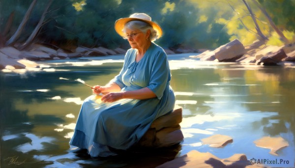 HQ,1girl,solo,short hair,blonde hair,hat,dress,sitting,white hair,grey hair,outdoors,glasses,signature,water,tree,lips,blue dress,nature,rock,realistic,old,soaking feet,river,old woman,stream,breasts,holding,jewelry,closed mouth,day,hair bun,looking down,single hair bun,forest,reflection,sun hat,ripples,sparkler