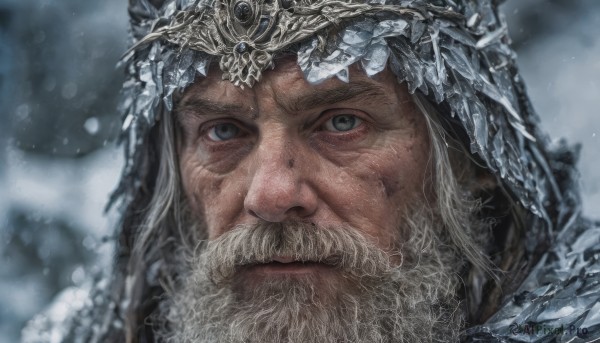 solo,looking at viewer,blue eyes,1boy,closed mouth,grey hair,male focus,outdoors,blurry,grey eyes,blurry background,facial hair,crown,portrait,beard,snow,close-up,snowing,realistic,mustache,old,old man,white hair,hood,manly