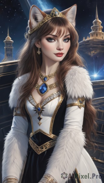 1girl,solo,long hair,breasts,looking at viewer,blue eyes,brown hair,long sleeves,dress,animal ears,cleavage,jewelry,medium breasts,earrings,parted lips,sky,cat ears,necklace,lips,fur trim,makeup,night,tiara,crown,lipstick,gem,star (sky),night sky,pendant,starry sky,red lips,space,planet,smile,bangs,closed mouth,upper body,artist name,signature,white dress,eyelashes,wavy hair,wolf ears,realistic,nose,fur,castle,blue gemstone,red gemstone