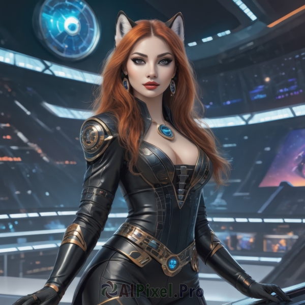 1girl,solo,long hair,breasts,looking at viewer,large breasts,brown hair,gloves,animal ears,cleavage,brown eyes,jewelry,medium breasts,cowboy shot,earrings,black gloves,belt,cat ears,necklace,orange hair,lips,grey eyes,fox ears,bodysuit,makeup,lipstick,gem,black bodysuit,red lips,standing,red hair,artist name,indoors,signature,wavy hair,skin tight,pendant,realistic