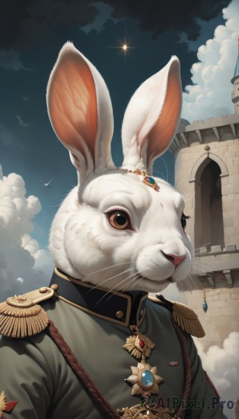 solo,looking at viewer,animal ears,brown eyes,jewelry,closed mouth,jacket,upper body,outdoors,sky,day,cloud,rabbit ears,uniform,blue sky,military,no humans,military uniform,bird,animal,cloudy sky,brooch,building,gem,furry,epaulettes,rabbit,green jacket,animal focus,military jacket,aiguillette,whiskers,medal,clothed animal