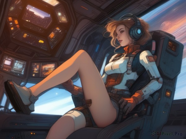 1girl,solo,breasts,short hair,brown hair,gloves,brown eyes,medium breasts,sitting,sky,shoes,shorts,belt,cloud,indoors,lips,short shorts,window,bodysuit,headphones,sneakers,zipper,headset,science fiction,knee up,pilot suit,cockpit,small breasts,boots,parted lips,signature,uniform,from side,legs,floating hair,chair,floating,realistic,nose,space,spacecraft,spacesuit,holographic interface,pilot,jetpack