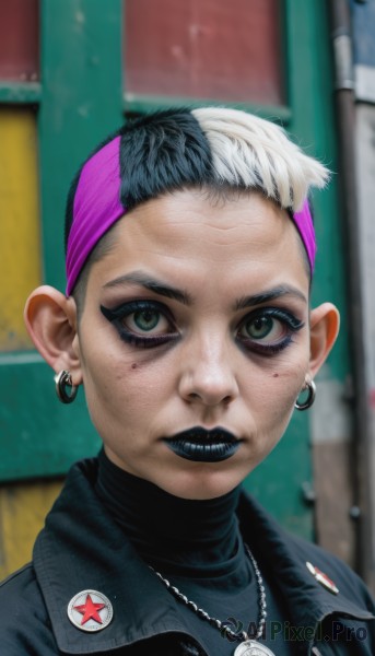 1girl,solo,looking at viewer,short hair,black hair,jewelry,green eyes,jacket,upper body,white hair,multicolored hair,hairband,earrings,necklace,blurry,two-tone hair,black jacket,eyelashes,makeup,blurry background,headband,turtleneck,piercing,lipstick,portrait,eyeshadow,freckles,realistic,eyeliner,very short hair,undercut,badge,mascara,black lips,shirt,closed mouth,purple hair,artist name,mole,mole under eye,hoop earrings,leather,leather jacket,blue lips