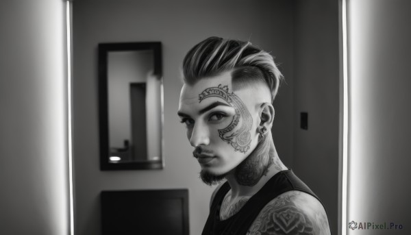 solo,looking at viewer,short hair,bangs,shirt,1boy,bare shoulders,jewelry,closed mouth,monochrome,upper body,greyscale,male focus,multicolored hair,earrings,indoors,from side,tattoo,facial hair,piercing,tank top,portrait,door,arm tattoo,shoulder tattoo,undercut,locker,mohawk,neck tattoo,collarbone,blurry,blurry background,beard,facial tattoo,open door,eyebrow cut