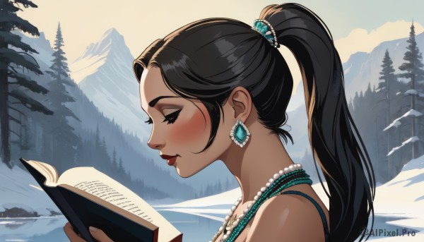 1girl,solo,long hair,blush,black hair,hair ornament,holding,bare shoulders,jewelry,closed mouth,closed eyes,ponytail,earrings,outdoors,dark skin,necklace,from side,dark-skinned female,tree,lips,book,profile,makeup,lipstick,portrait,nature,snow,forest,holding book,beads,mountain,open book,reading,winter,bead necklace,pearl necklace,smile,day,artist name,red lips