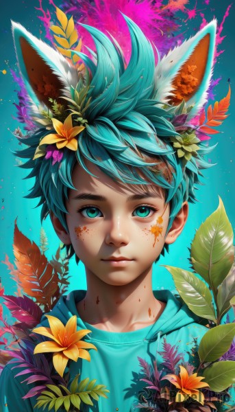 solo,looking at viewer,short hair,bangs,simple background,hair ornament,1boy,animal ears,closed mouth,green eyes,blue hair,collarbone,upper body,flower,male focus,green hair,artist name,hair flower,hood,rabbit ears,aqua eyes,lips,animal ear fluff,fox ears,aqua hair,blood,hoodie,leaf,watermark,blue background,facial mark,expressionless,hood down,plant,portrait,web address,extra ears,freckles,blood on face,yellow flower,nose,blue hoodie,orange flower,paint splatter,paint splatter on face,midoriya izuku,blue eyes,shirt,gradient,gradient background,blue shirt,messy hair,realistic,green shirt,multicolored background