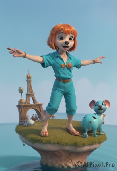 1girl,solo,smile,short hair,open mouth,blue eyes,shirt,1boy,bow,jewelry,standing,full body,short sleeves,outdoors,sky,teeth,day,belt,pants,bowtie,water,orange hair,black eyes,bracelet,blue sky,toes,ocean,animal,sandals,grass,outstretched arms,blue shirt,child,furry,watch,spread arms,female child,wristwatch,mouse,castle,tower,buck teeth,lighthouse,:d,shorts,collared shirt,pokemon (creature),v,sharp teeth,personification,blue shorts,toenails,green shirt,blue pants,brown belt,faux figurine,aqua shirt