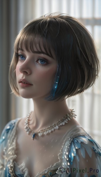 1girl,solo,breasts,looking at viewer,short hair,bangs,blue eyes,brown hair,black hair,dress,cleavage,jewelry,collarbone,upper body,earrings,small breasts,parted lips,teeth,artist name,indoors,necklace,blurry,lips,eyelashes,window,depth of field,blurry background,blue dress,watermark,sunlight,bob cut,curtains,gem,backlighting,freckles,realistic,nose,medium breasts,makeup,looking up,portrait