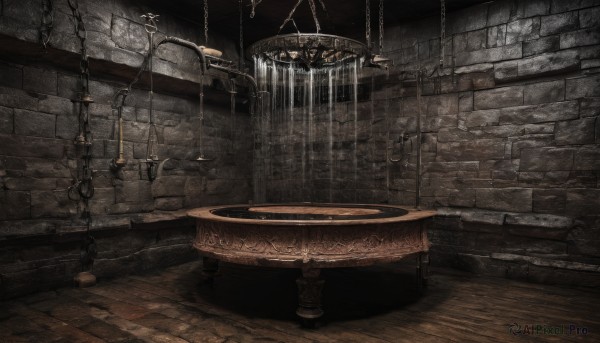 indoors,water,no humans,chain,chair,table,scenery,wooden floor,fantasy,candle,wall,brick wall,barrel,chandelier,stone wall,window,fire,tiles,dark,bath,tile floor,bathtub,tile wall,still life,candlestand,faucet,wooden wall,brick floor