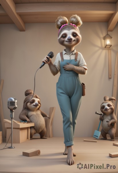 1girl,solo,looking at viewer,smile,short hair,brown hair,shirt,hair ornament,holding,brown eyes,standing,full body,white shirt,short sleeves,hairband,barefoot,collared shirt,artist name,indoors,hair bun,black eyes,chair,microphone,furry,walking,dog,realistic,furry female,lamp,overalls,holding microphone,ladder,fine art parody,blue overalls,animal ears,teeth,music,microphone stand