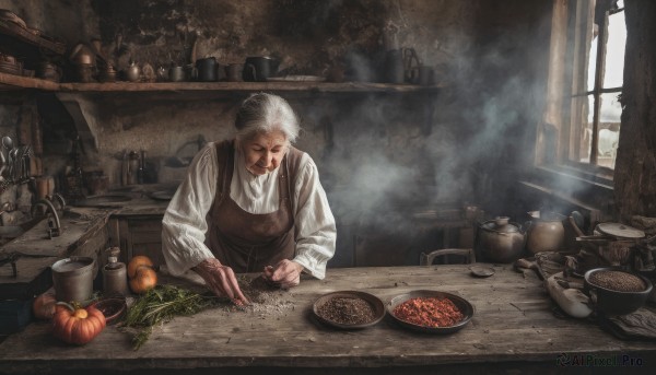 solo,shirt,long sleeves,1boy,white shirt,white hair,grey hair,male focus,food,day,indoors,apron,window,facial hair,table,knife,curtains,steam,beard,plate,smoke,bowl,jack-o'-lantern,basket,pumpkin,old,old man,cooking,kitchen,vegetable,stove,cutting board,onion,1girl,short hair,holding,closed eyes,looking down,realistic,carrot,tomato,old woman,wrinkled skin