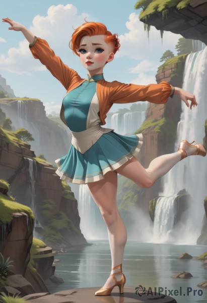 1girl,solo,breasts,looking at viewer,blush,short hair,blue eyes,skirt,long sleeves,dress,medium breasts,standing,jacket,full body,red hair,pleated skirt,outdoors,parted lips,sky,day,artist name,cloud,water,hair bun,orange hair,high heels,blue sky,lips,blue skirt,legs,makeup,blue dress,brown footwear,short dress,leg up,standing on one leg,outstretched arms,freckles,rock,tiptoes,river,waterfall,ballerina,ballet slippers,ballet,alternate costume,red lips,dancing