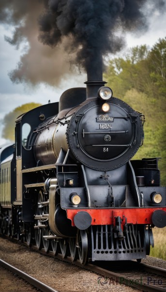 outdoors,sky,day,cloud,tree,military,no humans,ground vehicle,motor vehicle,smoke,military vehicle,tank,vehicle focus,train,world war ii,railroad tracks,grass,nature,train station