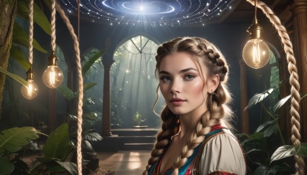 1girl,solo,long hair,looking at viewer,blue eyes,blonde hair,brown hair,jewelry,upper body,braid,short sleeves,earrings,parted lips,indoors,twin braids,lips,grey eyes,eyelashes,window,leaf,sunlight,plant,rope,hair over shoulder,freckles,realistic,nose,light,lamp,pillar,ceiling,light bulb,chandelier,multiple braids,dress,closed mouth,artist name,tree,makeup,portrait,nature,scenery,light particles,forehead,backlighting,light rays,arch