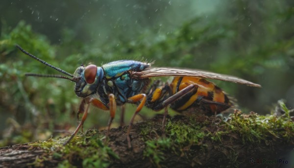 outdoors, blurry, tree, no humans, depth of field, blurry background, animal, bug, nature, forest, realistic, antennae, beetle