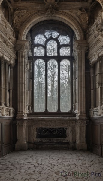 day,indoors,tree,no humans,window,scenery,stairs,candle,architecture,pillar,statue,stained glass,church,arch,candlestand,chandelier,column,stone floor,fantasy,door,wall,bare tree,gate,pavement,stone wall,vanishing point