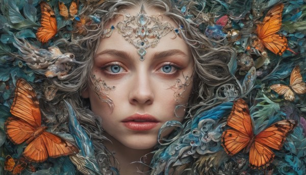 1girl,solo,long hair,looking at viewer,blue eyes,closed mouth,grey hair,parted lips,lips,eyelashes,makeup,bird,animal,leaf,facial mark,bug,plant,lipstick,gem,butterfly,portrait,close-up,circlet,red lips,blue butterfly,blonde hair,jewelry,flower,water,realistic,nose