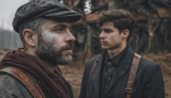 short hair,blue eyes,brown hair,shirt,black hair,hat,closed mouth,jacket,upper body,male focus,multiple boys,necktie,collared shirt,2boys,scarf,blurry,looking at another,uniform,military,black headwear,blurry background,facial hair,suspenders,bandaid,black necktie,beard,realistic,mustache,bandaid on face,manly,jewelry,closed eyes,earrings,outdoors,day,signature,vest,from side,black shirt,depth of field,beret,bandages,blue shirt,red scarf,mature male,cabbie hat,stud earrings,very short hair,cowboy hat,cowboy western