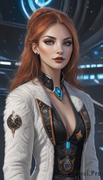 1girl,solo,long hair,breasts,looking at viewer,brown hair,long sleeves,dress,cleavage,brown eyes,jewelry,medium breasts,green eyes,jacket,upper body,ponytail,earrings,open clothes,belt,orange hair,black dress,lips,coat,fur trim,makeup,lipstick,brooch,gem,eyeshadow,freckles,open coat,realistic,nose,white coat,red lips,closed mouth,red hair,necklace,collar,open jacket,detached collar,white jacket,forehead,badge