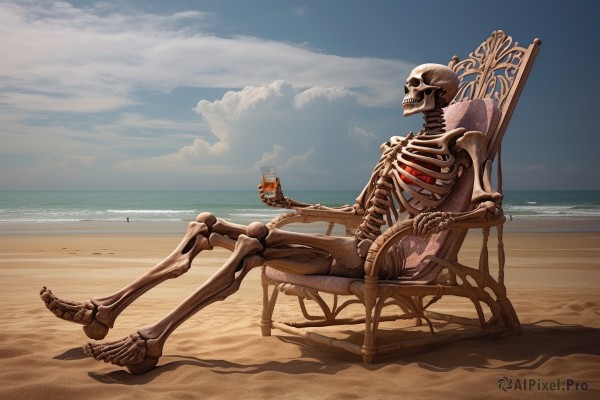 solo,holding,sitting,outdoors,sky,day,cloud,water,from side,cup,blue sky,no humans,shadow,ocean,chair,beach,robot,holding cup,1other,alcohol,drinking glass,science fiction,skull,sand,drink,horizon,wine glass,ribs,skeleton,lounge chair,beach chair,cloudy sky,scenery,ice,watercraft,bone