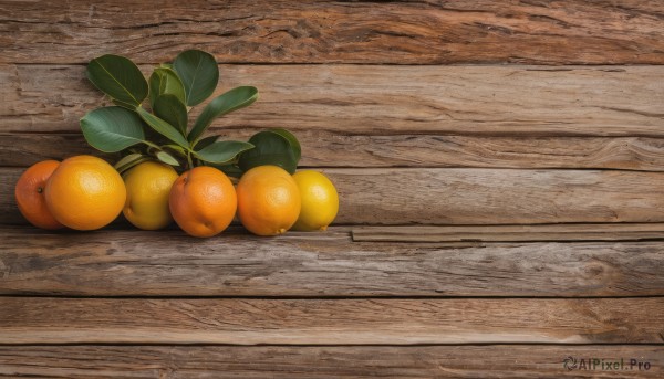 food,no humans,fruit,leaf,plant,scenery,wooden floor,realistic,orange (fruit),food focus,still life,wood,signature