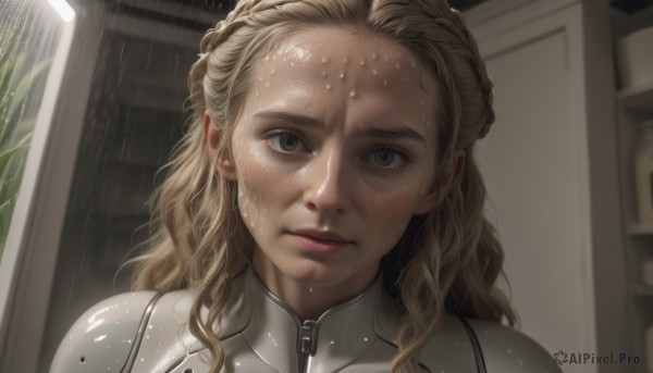 A ethereal rainy window featuring a female