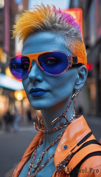 1girl,solo,looking at viewer,short hair,blonde hair,shirt,1boy,jewelry,closed mouth,jacket,upper body,male focus,multicolored hair,outdoors,open clothes,necklace,blurry,lips,makeup,depth of field,blurry background,colored skin,chain,sunglasses,lipstick,realistic,nose,blue skin,tinted eyewear,purple lips,blue lips,chain necklace,blue-tinted eyewear,brown eyes,looking to the side,portrait,leather,orange jacket,leather jacket,mohawk