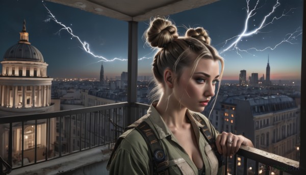 1girl,solo,breasts,looking at viewer,short hair,blue eyes,blonde hair,brown hair,cleavage,jewelry,medium breasts,collarbone,upper body,sky,cloud,hair bun,uniform,lips,looking to the side,military,window,double bun,military uniform,night,ring,backpack,building,star (sky),night sky,starry sky,city,realistic,nose,railing,electricity,cityscape,lightning,city lights,balcony,bag,bra,makeup,single hair bun