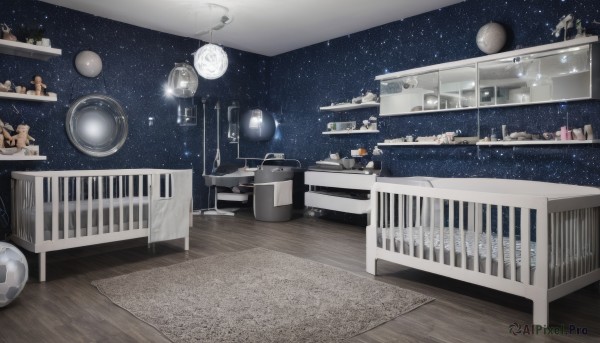 sky,indoors,no humans,window,night,chair,moon,table,stuffed animal,star (sky),night sky,scenery,ball,starry sky,teddy bear,wooden floor,stairs,railing,lamp,space,watercraft,planet,ship,ladder,soccer ball,telescope