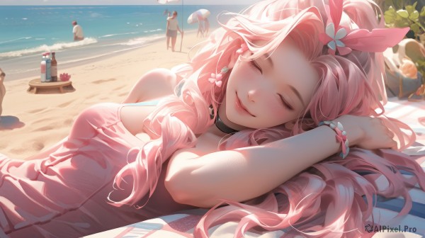 1girl,long hair,breasts,blush,smile,multiple girls,hair ornament,dress,bow,ribbon,cleavage,bare shoulders,jewelry,medium breasts,closed mouth,swimsuit,closed eyes,hair ribbon,pink hair,flower,hair bow,bikini,hairband,earrings,outdoors,lying,food,multiple boys,solo focus,choker,day,3girls,on back,water,bracelet,cup,lips,eyelashes,4girls,fruit,ocean,umbrella,black choker,on side,beach,sunlight,sleeping,bottle,plant,pink bow,towel,pink dress,facing viewer,pink lips,sand,shade,watermelon,bead bracelet,shell,beach umbrella,beach towel,pink one-piece swimsuit,sand sculpture,sand castle,upper body,ponytail,sky