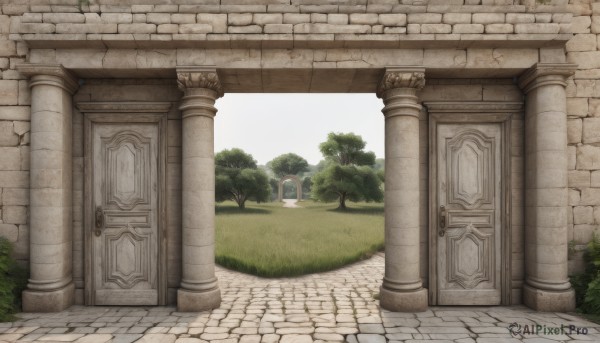 outdoors,sky,day,tree,no humans,grass,plant,building,scenery,door,road,bush,wall,pillar,path,arch,gate,column,pavement,cloud,blue sky,architecture,stone floor