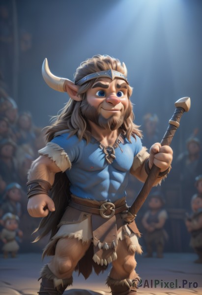 long hair,smile,blue eyes,brown hair,shirt,1boy,holding,animal ears,jewelry,closed mouth,standing,full body,weapon,short sleeves,male focus,boots,outdoors,multiple boys,horns,solo focus,pointy ears,belt,sword,artist name,necklace,holding weapon,blurry,muscular,depth of field,blurry background,headband,facial hair,thick eyebrows,blue shirt,pectorals,muscular male,clenched hand,child,bara,beard,furry,6+boys,mature male,furry male,male child,fur,loincloth,crowd,people,white hair,abs,spear,axe,hammer,chest hair,tusks