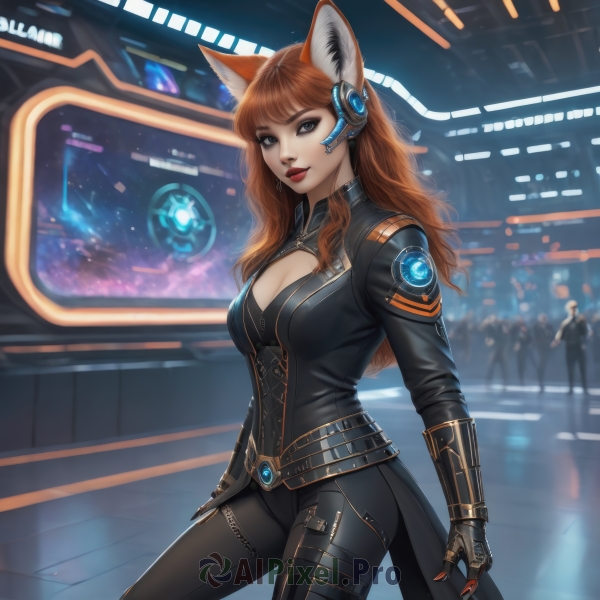 1girl,solo,long hair,breasts,looking at viewer,smile,bangs,brown hair,gloves,animal ears,cleavage,brown eyes,jewelry,medium breasts,closed mouth,standing,tail,earrings,solo focus,belt,pants,artist name,cat ears,orange hair,blurry,lips,fox ears,clothing cutout,bodysuit,makeup,blurry background,fox tail,headgear,black pants,cleavage cutout,lipstick,fox girl,gauntlets,eyeshadow,science fiction,red lips,eyeliner,mechanical arms,cyborg,single mechanical arm,cyberpunk,blue eyes,long sleeves,red hair,grey eyes,headphones,watermark,corset,headset,realistic,black bodysuit