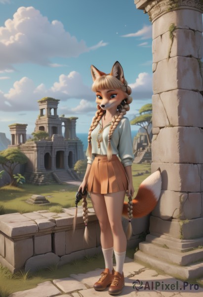 1girl,solo,long hair,looking at viewer,smile,bangs,blue eyes,skirt,blonde hair,brown hair,shirt,holding,animal ears,twintails,jewelry,standing,collarbone,tail,full body,white shirt,braid,pleated skirt,earrings,outdoors,open clothes,sky,shoes,day,socks,artist name,cloud,signature,miniskirt,blunt bangs,necklace,bag,twin braids,tree,blue sky,animal ear fluff,kneehighs,fox ears,fox tail,watermark,brown footwear,light brown hair,grass,white socks,fox girl,loafers,building,hair over shoulder,furry,handbag,furry female,shirt tucked in,holding bag,ruins,orange skirt,animal nose,breasts,long sleeves,very long hair,small breasts,teeth,makeup,plant,claws,brown skirt,rock,snout,two-tone fur,moss,orange fur