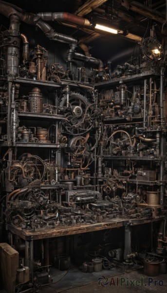 indoors,no humans,table,box,steam,scenery,smoke,science fiction,lamp,cable,gears,industrial pipe,steampunk,machine,loaded interior,robot,machinery,clock,light