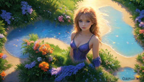 HQ,1girl,solo,long hair,breasts,looking at viewer,smile,blue eyes,blonde hair,brown hair,hair ornament,dress,cleavage,bare shoulders,medium breasts,collarbone,upper body,braid,flower,outdoors,detached sleeves,day,water,lips,blue dress,bird,wavy hair,beach,sunlight,grass,plant,purple dress,nose,shore,closed mouth,sleeveless,artist name,petals,ocean,from above,blue flower,sand,purple flower,orange flower