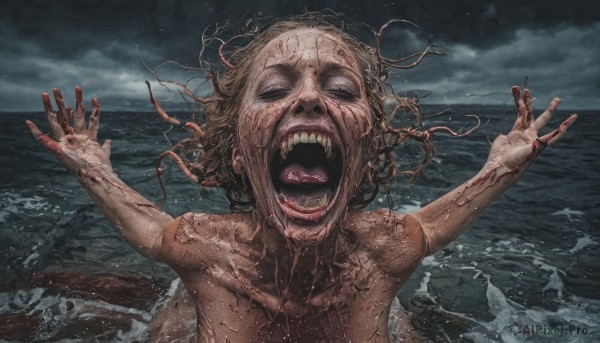 1girl,solo,looking at viewer,open mouth,upper body,nude,outdoors,sky,teeth,cloud,water,blood,night,ocean,beach,cloudy sky,outstretched arms,tentacles,veins,realistic,horizon,waves,horror (theme),guro,eldritch abomination,1boy,male focus,monster,injury,splashing,blank eyes,blood on hands